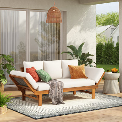 Caleta 94.41'' Modern Coastal Acacia Solid Wood & Wicker Outdoor Daybed with Adjustable Armrests