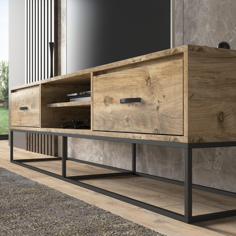 Meuble télé moderne avec pieds en métal, finition pin atlantique, 55,1 po x 19,3 po x 13,8 po | Fabrication en carton 100%, épaisseur de 0,71 pouce | Support mural, tablettes multiples pour le rangement, design élégant et fonctionnel