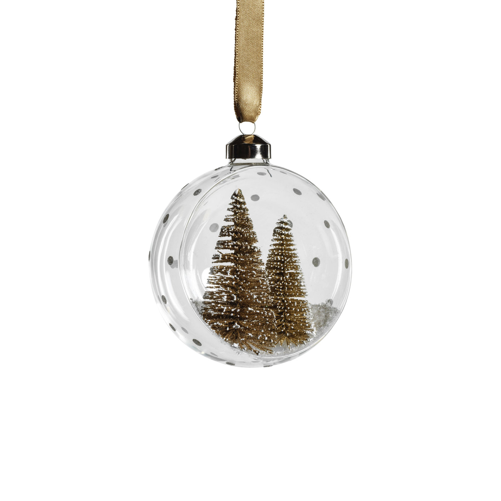 Set of 6 Glass with Pine Trees Ball Ornament, 4" H x 4" W x 4" D, Gold