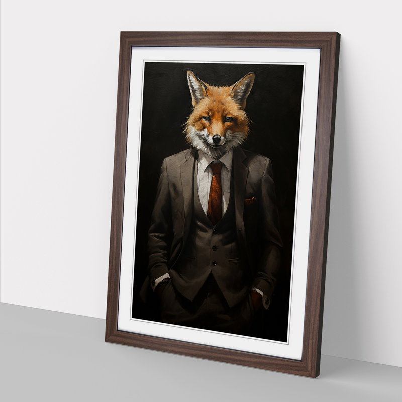 Fox in a Suit Painting - Framed Print, 64cm H x 46cm W, Walnut Framed