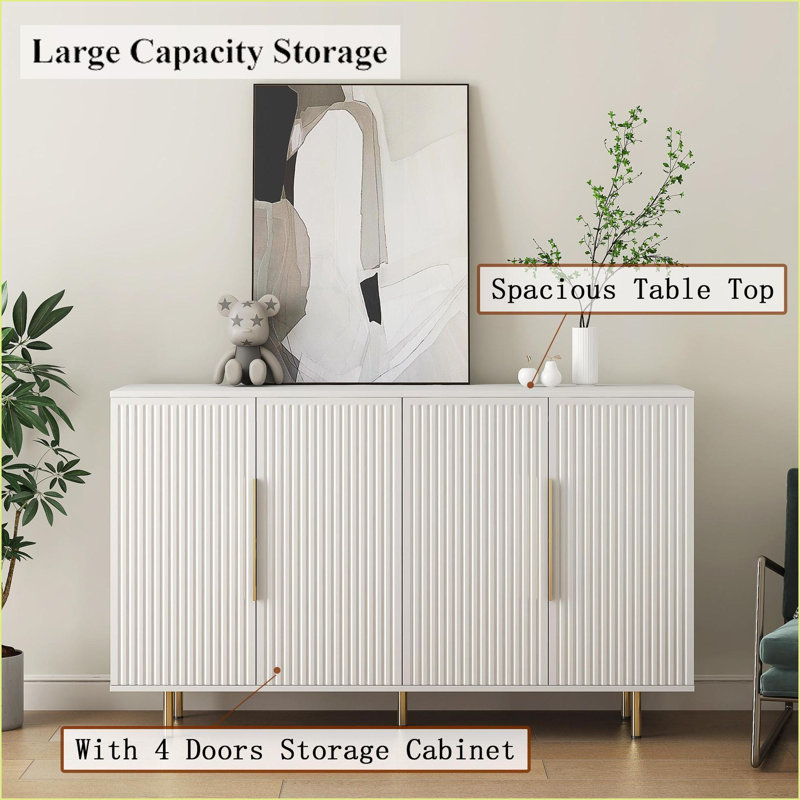 Sideboards Modern White Fluted Buffet Cabinet with Large Storage, Adjustable Shelves | MDF | Credenza