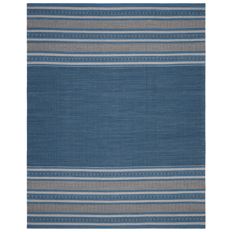 Tapis bleu / gris en coton tissé à plat à rayures Bokara Hills, Rectangle 5 pi x 8 pi
