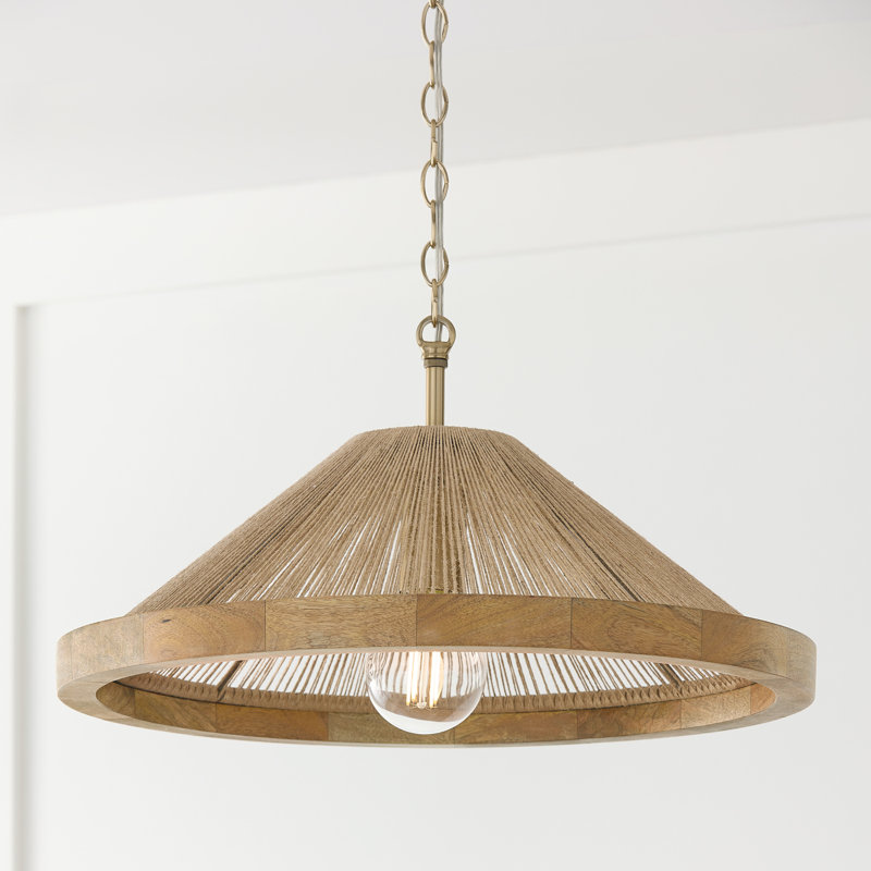 19"W x 7"H 1-Light Dual Mount Pendant in Matte Brass with Mango Wood and Handwrapped Jute Rope