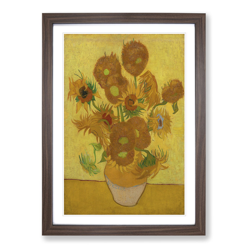 Fifteen Sunflowers by Vincent Van Gogh - Picture Frame Painting on MDF, Walnut Framed, 36cm H x 27cm W x 2cm D