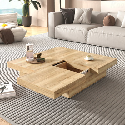 Table basse carrée 39,4 po avec plateau coulissant en placage et grain de bois naturel