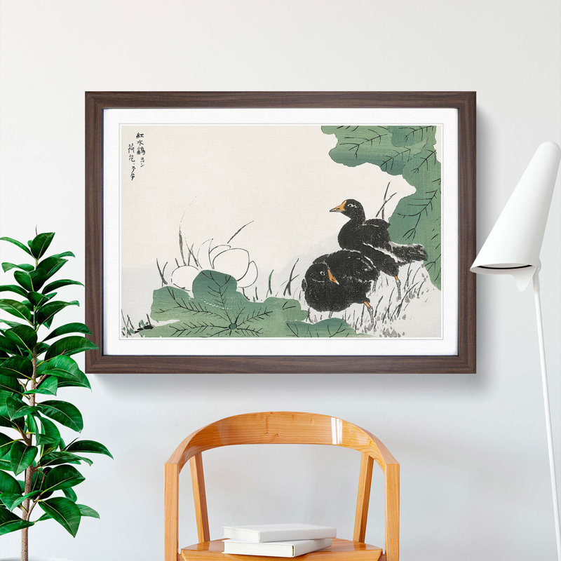 Coot Bird & Lotus Flower by Numata Kashu - Picture Frame Painting Print, Walnut Framed, 62cm H x 87cm W x 2cm D
