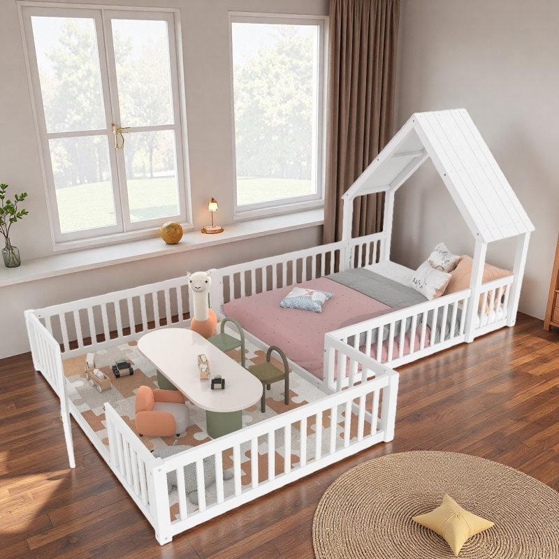 Lit House House avec porte et garde-corps pleine longueur, Double, Blanc / Blanc