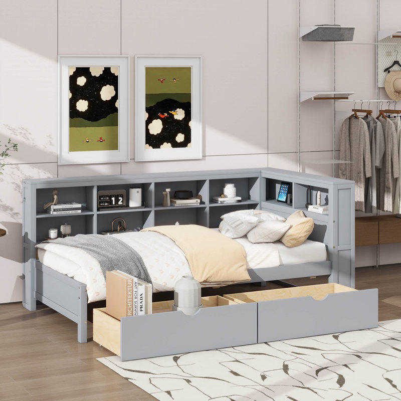 Lit de jour simple en bois avec deux tiroirs intégrés et tablette de rangement, Gris