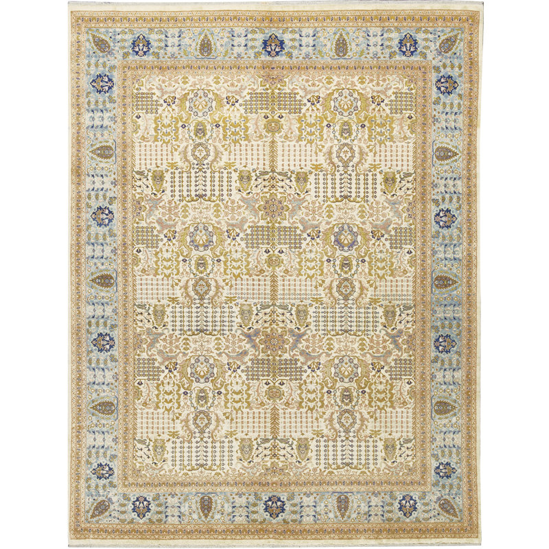 Tapis beige et bleu clair noué à la main de haute qualité