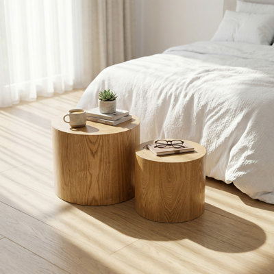 Ensemble de deux tables d'appoint gigognes modernes avec anneaux en bois véritable pour le bureau, la chambre à coucher et les petits espaces