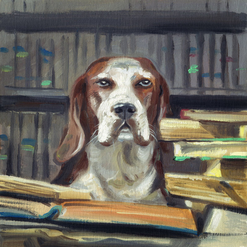« the bibliothécaire », reproduction de peinture à l’huile sur toile tendue, H 48 po x l 48 po x P 1,5 po