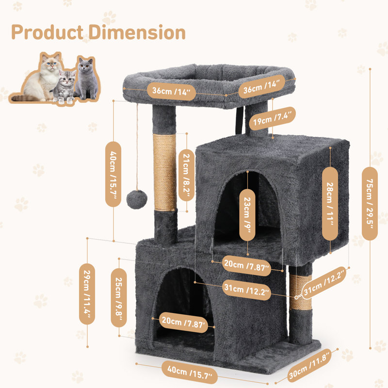  Tour pour chat 32 "pour chatons, poteaux à griffer à plusieurs niveaux avec condos, perchoir rembourré, jouets suspendus, gris foncé