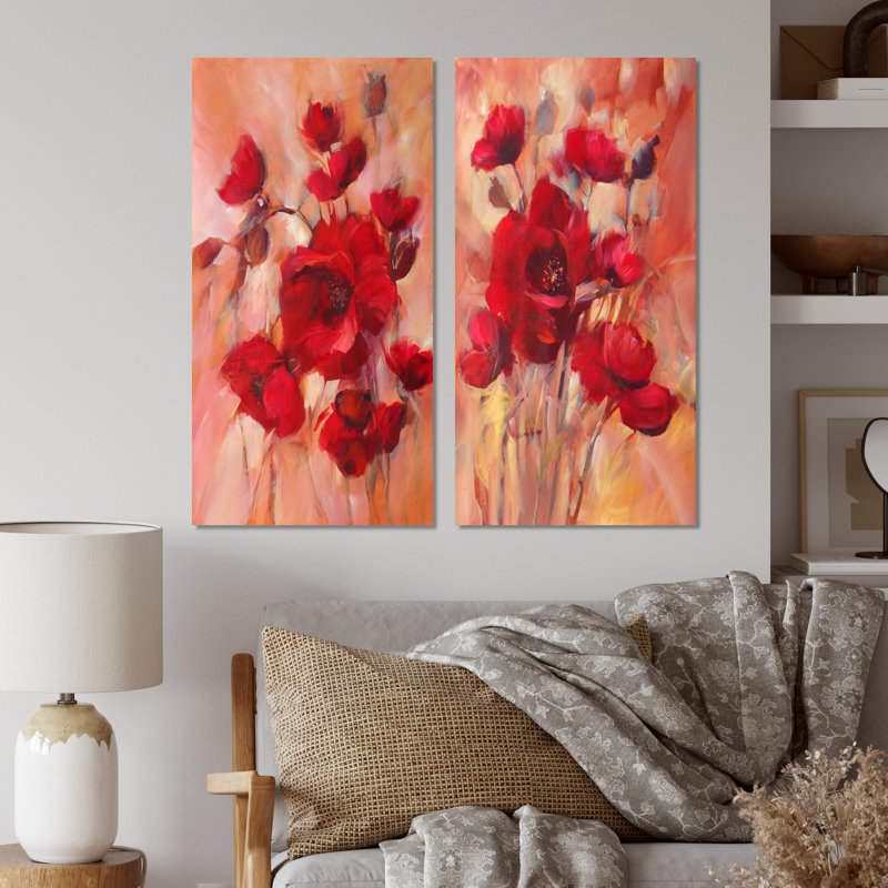 «Red Blooming Poppies», ensemble de 2 impressions sur toile, Toile tendue, H 20 po x l 24 po x P 1 po