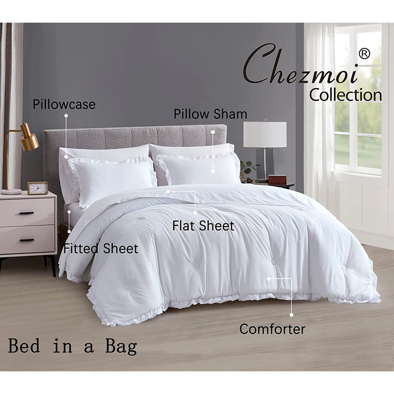 Ruffled Edge Microfiber Bed in a Bag Comforter Set, White, King Comforter + 6 Additional Pieces