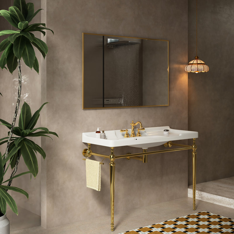 Lavabo de console de salle de bain 48 po, meuble-lavabo mural en céramique blanc avec 3 trous de robinet, support en acier inoxydable, couleur or et meuble-lavabo Scratch, haute performance