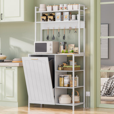 Kitchen Bakers Rack with Power Outlets, Microwave Oven Organizer with Tilt Out Trash Can Cabinet Storage Shelf 6 Tiers