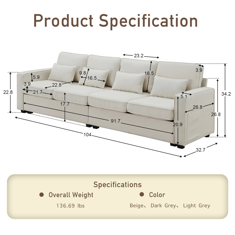 Canapé modulaire en tissu 4 places, Beige