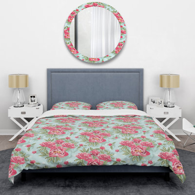 Floral rouge avec feuille verte - ensemble de housse de couette floral - microfibre de polyester
