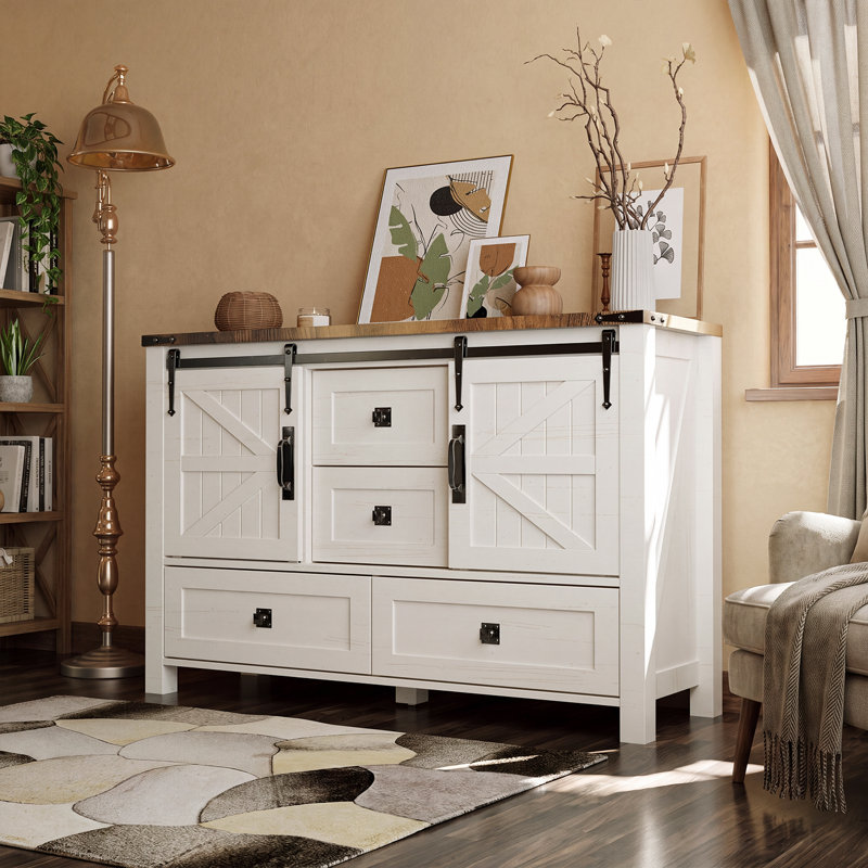 48'' Farmhouse Dresser Chests with 4 Drawers and 2 Cabinets, White