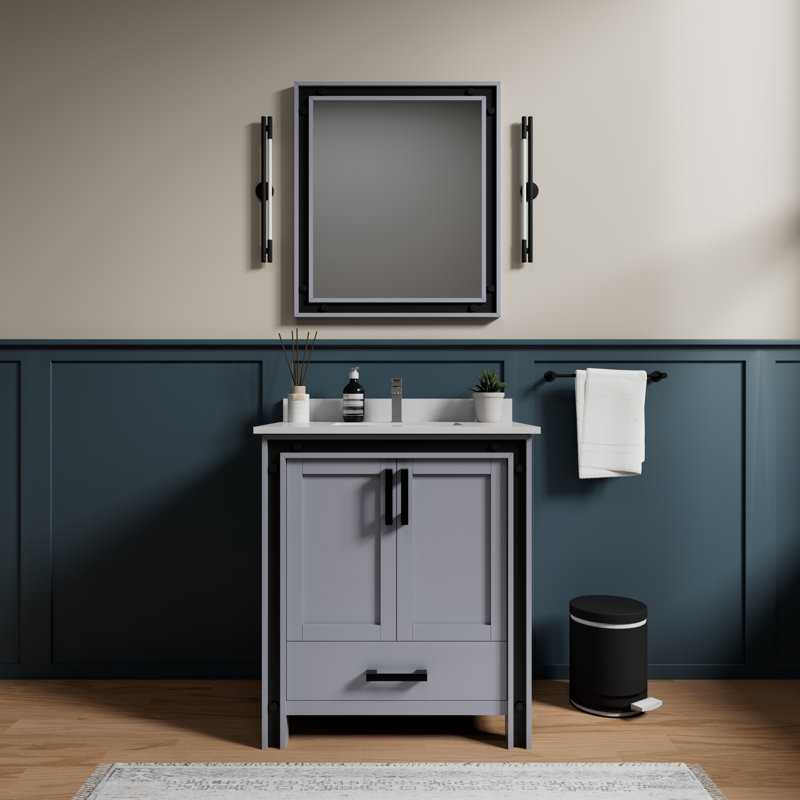 Ziva 30 in W x 22 in D Single Bath Vanity, White Top, 28 in Mirror and Chrome Faucet Set, Dark Gray, White Quartz