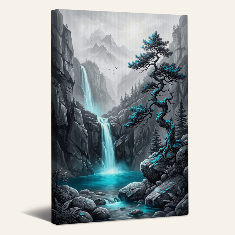 «Cyan Pine Tree Beside Waterfall In Misty Canyon», art mural sur toile, H 48 po x l 36 po