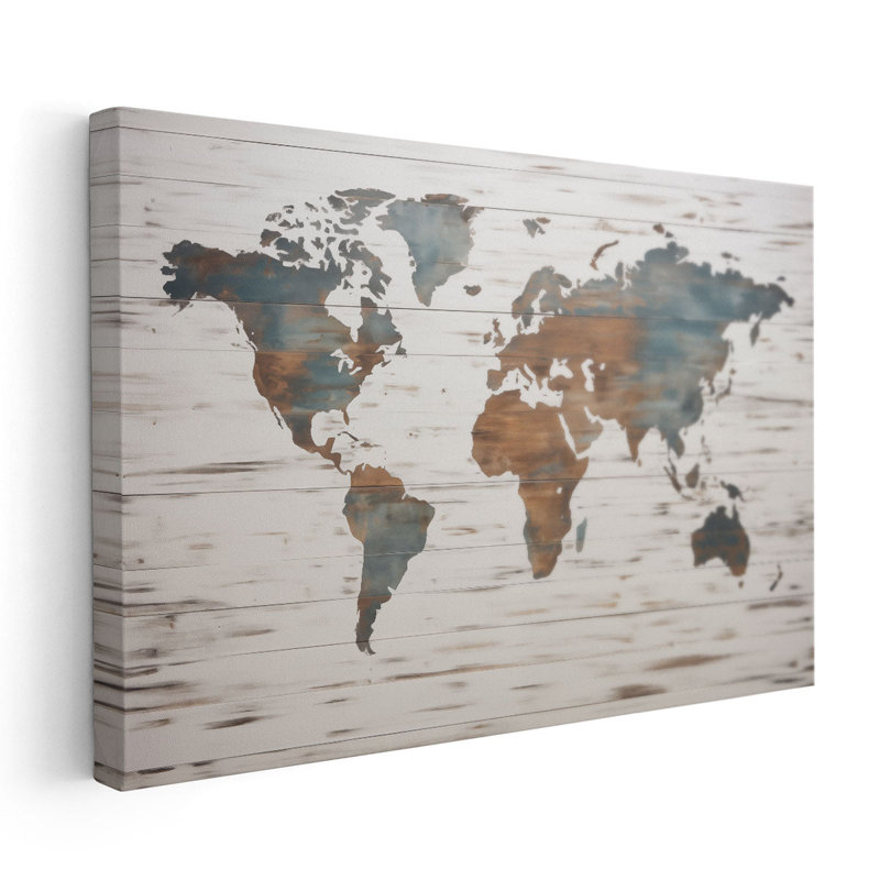 "Carte du monde terrestre sur bois", H 20 po x l 30 po