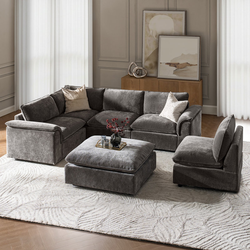 Cioffi 114"W Oversized L Shaped 6 Piece Down Blend Modular Cloud Sectional Sofa with Removable Cushion Cover, Gray Polyester