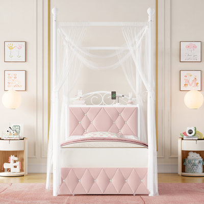 Upholstered Metal Canopy Storage Bed with Charging Ports, 2 Modes Princess Bed by Charlton Home
