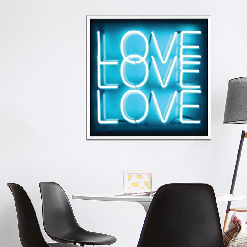 Neon Love Love Love Aqua On Black by Hailey Carr - Print on Canvas, 93.98 cm H x 93.98 cm W, White Framed