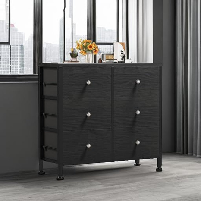 Commode noire pour chambre à coucher avec commode 6 tiroirs et commode en tissu