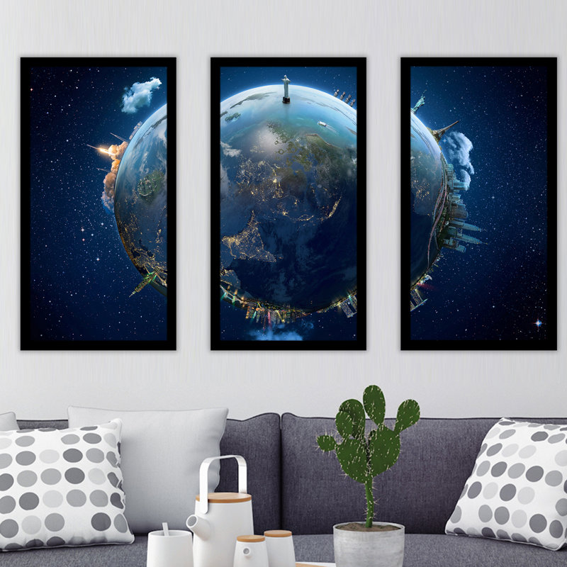 « travel the earth planète 3 », ensemble de 3 pièces d’art mural encadrées, H 33,5 po x l 52,5 po x P 1 po