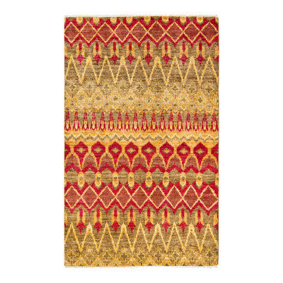 Tapis unique vert / rouge / jaune noué à la main de conception unique 4 pi 10 po x 8 pi 1 po Udella
