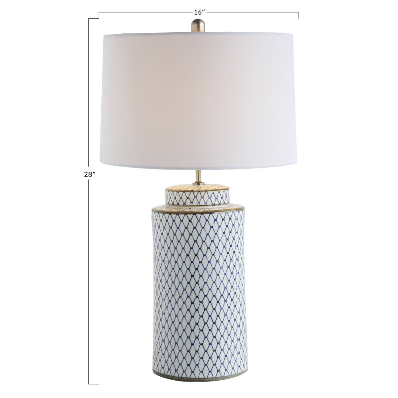 Lampe de table en céramique avec abat-jour en lin, Blanc / bleu