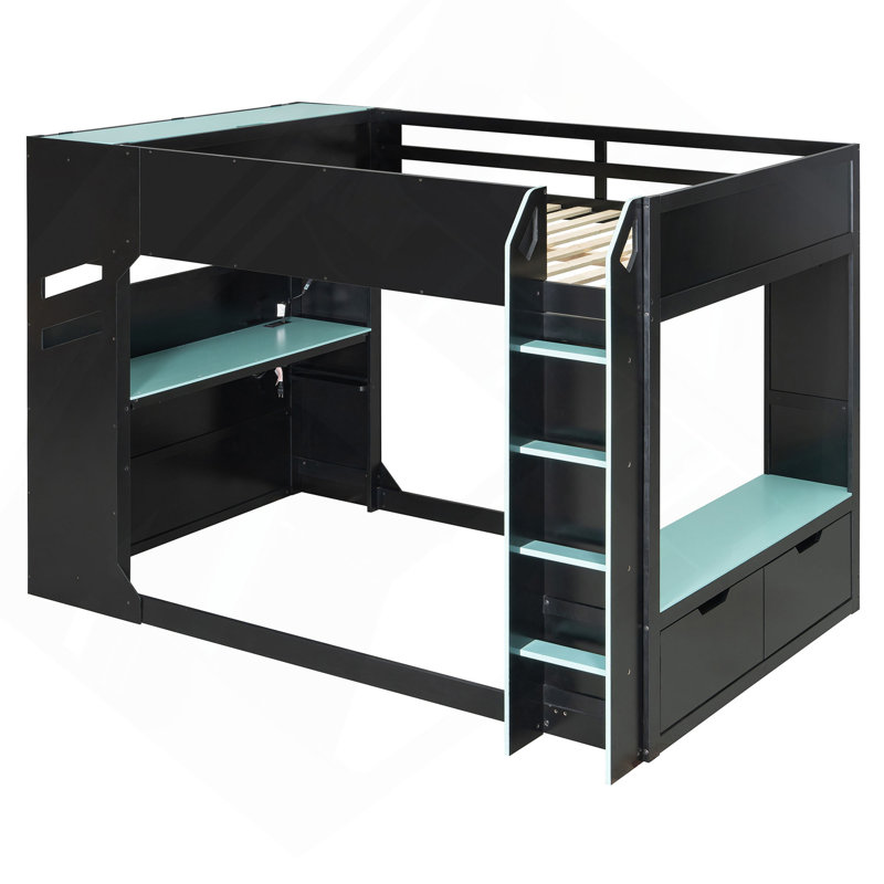 Lit mezzanine en bois avec bureau réglable en hauteur, tiroirs, compartiments de rangement, tringle et lumières RVB, Bleu