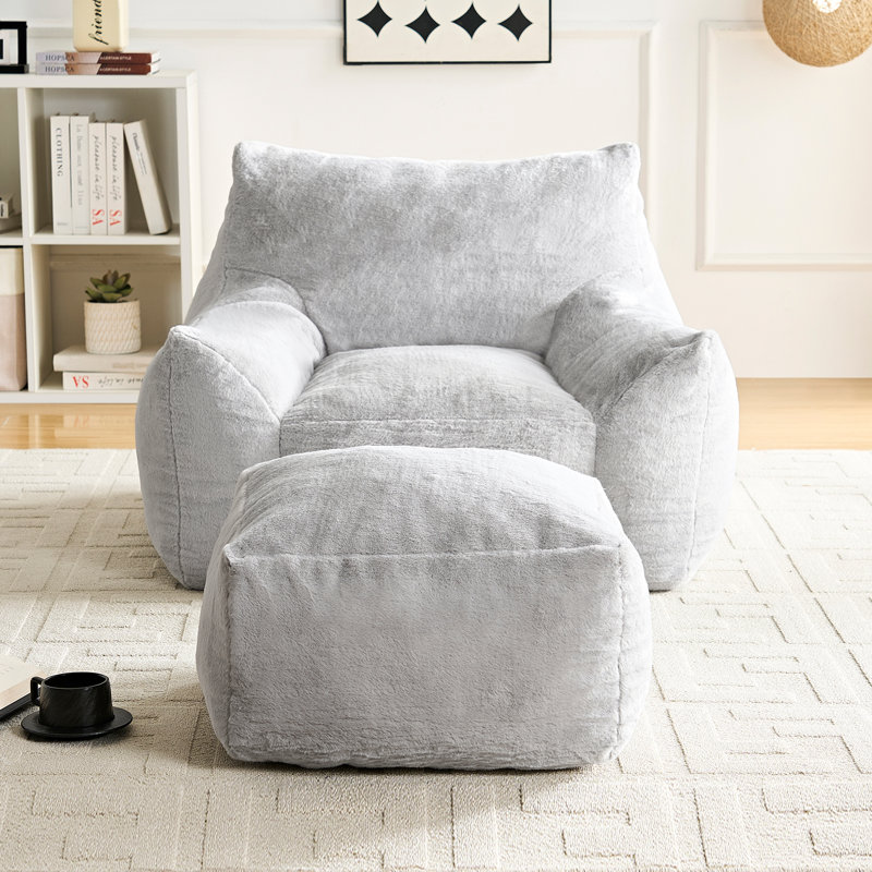 Fauteuil à billes surdimensionné avec repose-pieds et accoudoirs pour salon, canapé paresseux, gris clair, Tissu gris pâle