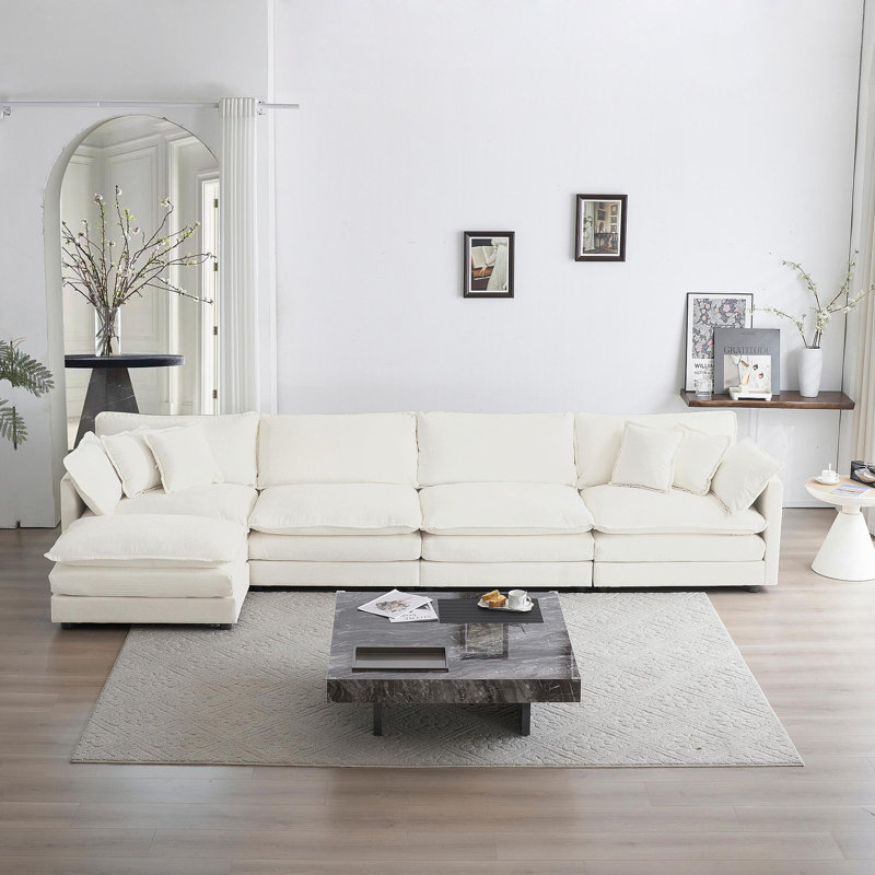 Canapé modulaire modulaire pour le salon, canapé en U convertible 5 places avec 1 repose-pieds chenille, Chenille blanche