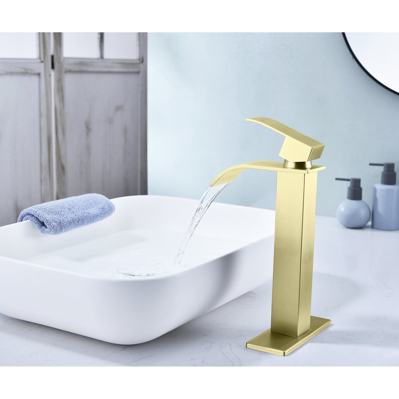Single Handle Waterfall Spout Bathroom Faucet In Brushed Gold, Stainless Steel, Practical Sink Gold Vanity With Spout, Handle, Enhancement Item