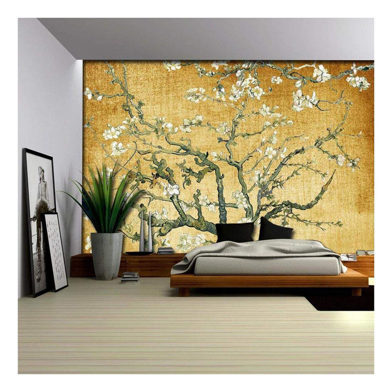 Almond Blossom Vincent Van Gogh, Floral Mural, Vintage Boho Removable Contact Paper, 144" W x 100" L, Jaune texturé