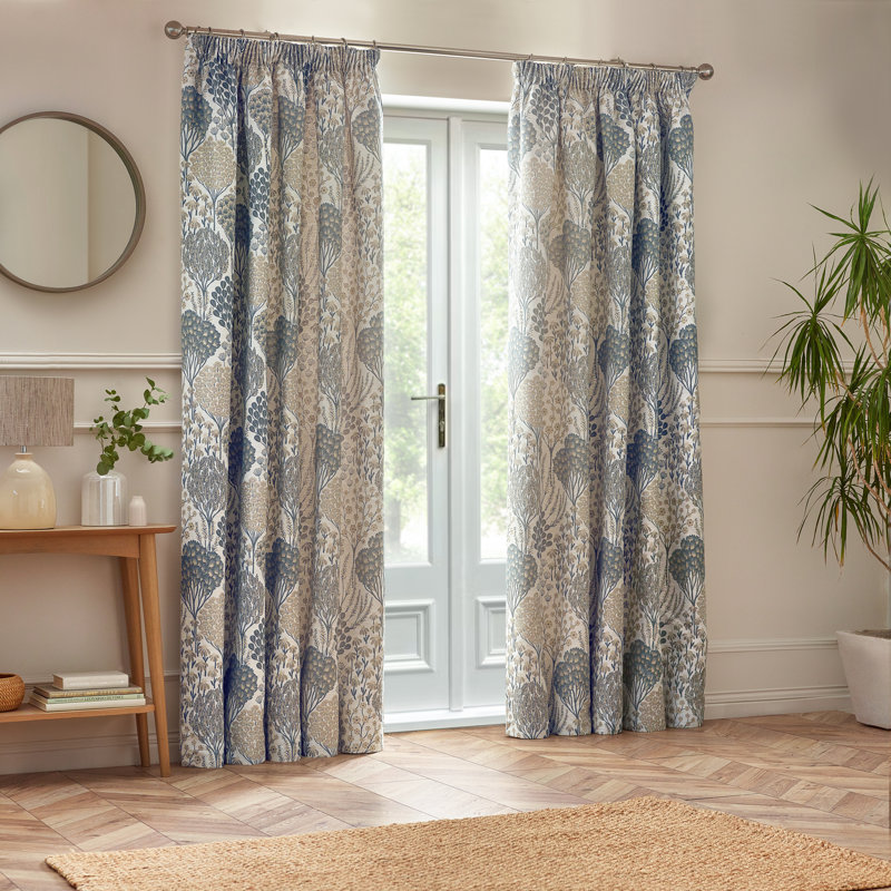 Almund Floral Jacquard Pencil Pleat Curtains, Blue, 229cm Width x 183cm Drop