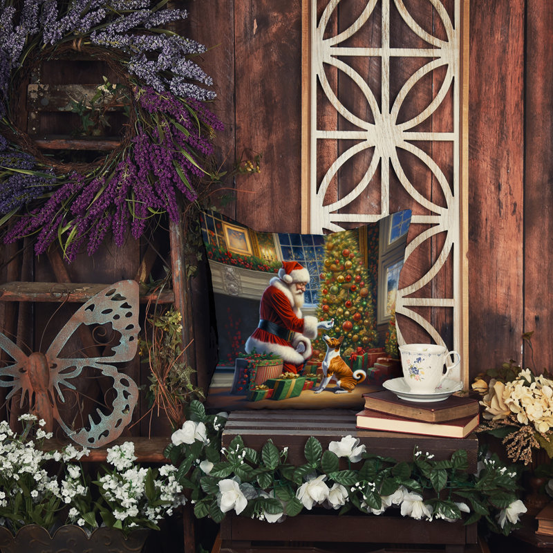 Coussin Basenji and Santa Claus, H 14 po x l 14 po