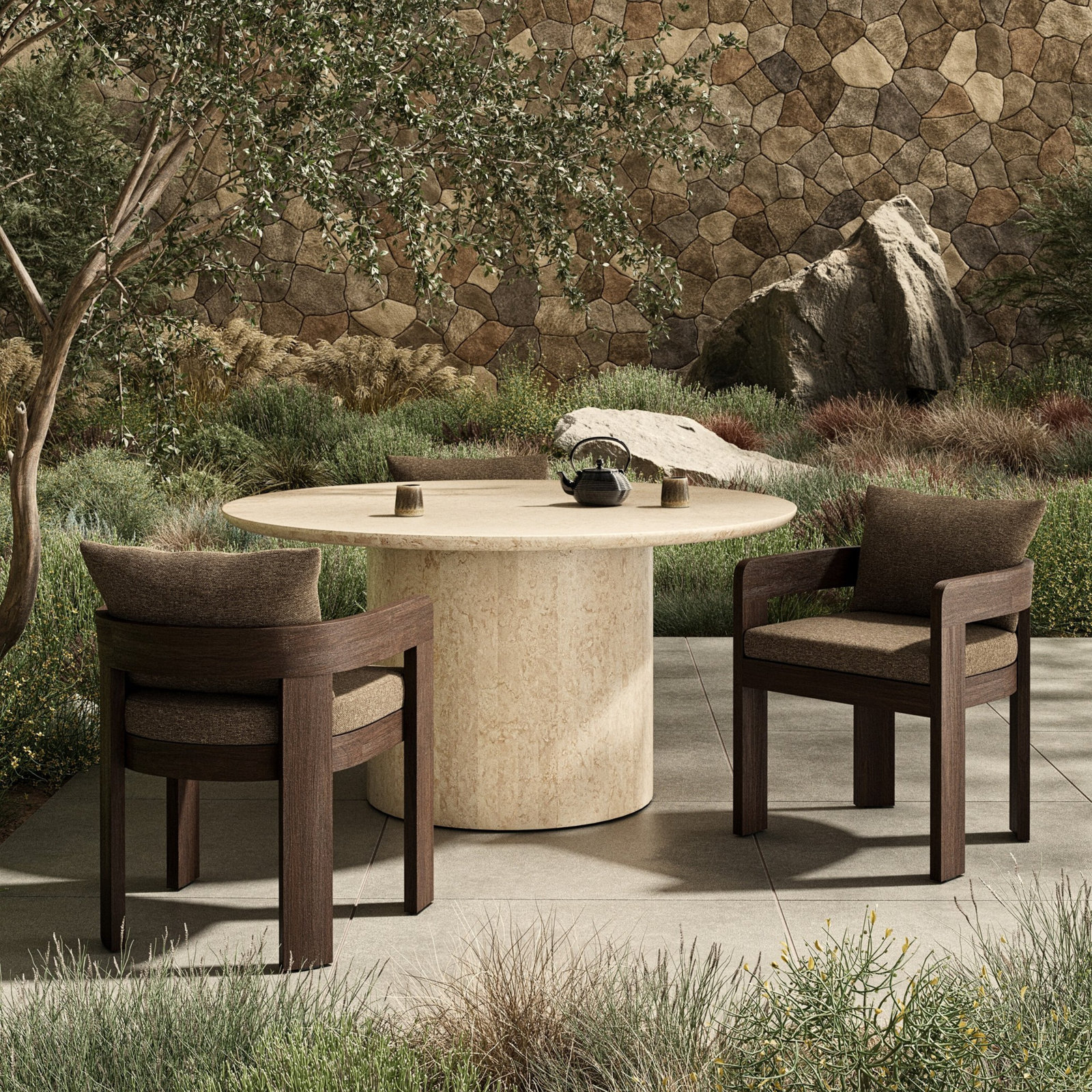 Fika Teak Patio Dining Armchair with Cushion, Stained Saddle Brown Frame/Ellor Brown Cushion