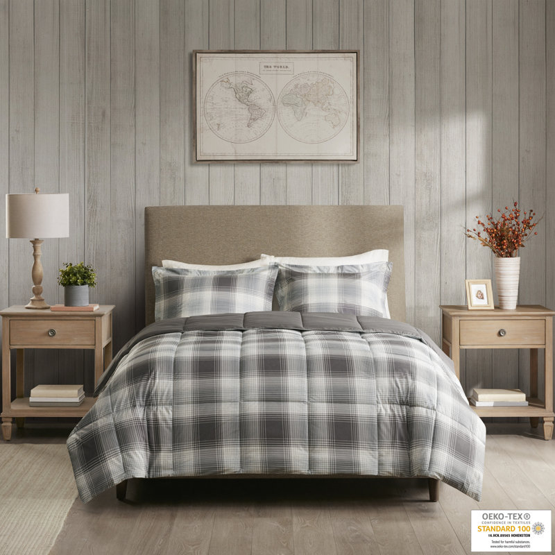 Twin Gray Plaid Down Alternative Microfiber Comforter Set