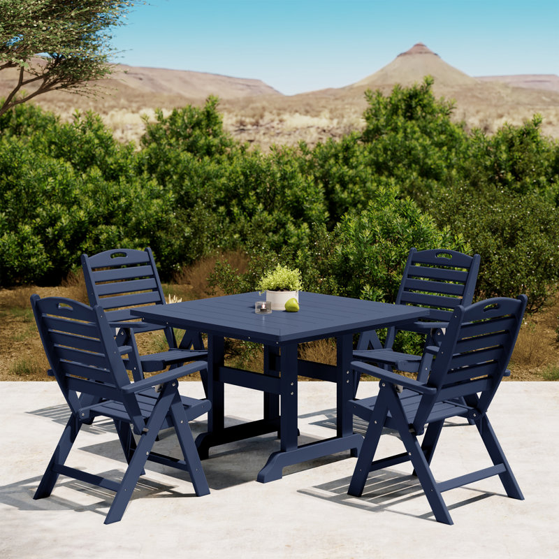 Laguna 5-Piece Square Table Folding Highback Chair Dining Set, Navy Blue