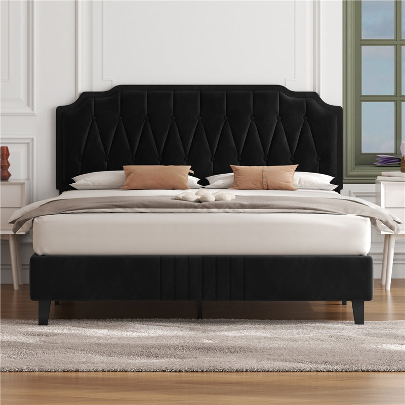 Upholstered Bed Frame with with Diamond Button-Tufted Headboard, Black, Kingsize (5')