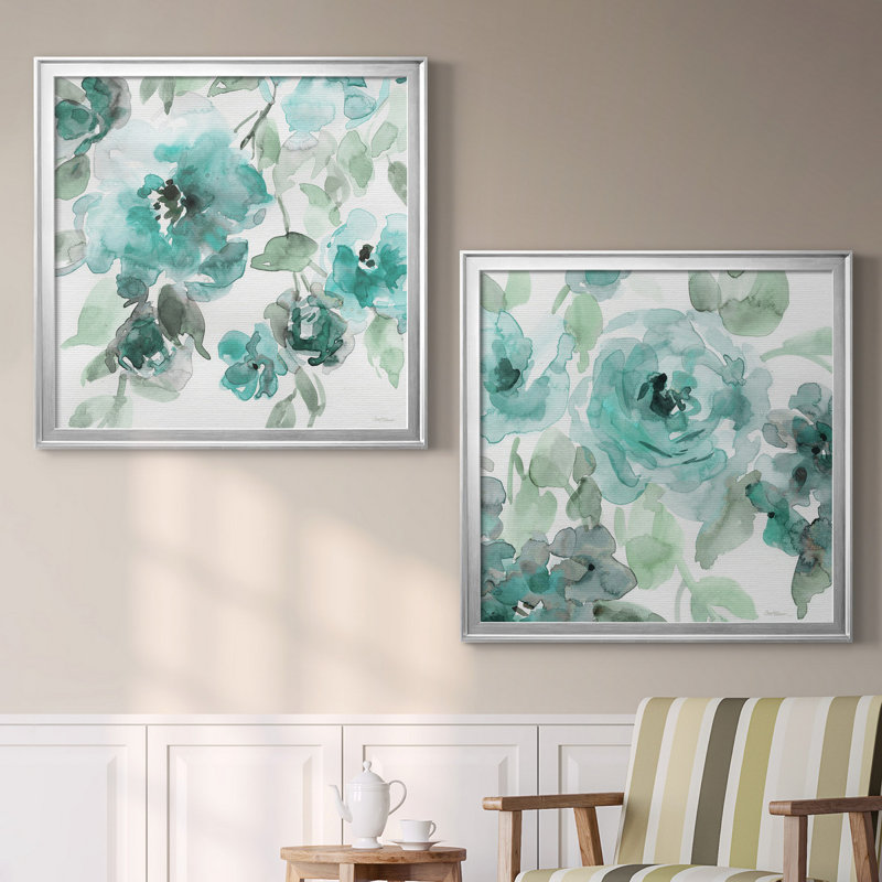 Belle's Blue I - Ensemble de 2 reproductions d'art, Toile avec cadre argenté, Pas de tapis, H 17,5 po x l 35 po x P 1,5 po