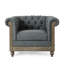 Élégant fauteuil club avec tissu gris anthracite, capitonnage à boutons profonds profonds, accoudoirs courbés, garniture cloutée, structure de pieds en bois de bouleau rafraîchissant, base intense