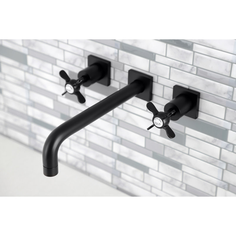 Kingston Brass Manhattan Two-Handle 3-Hole Wall Mount Roman Tub Faucet, Matte Black, Cross Flat