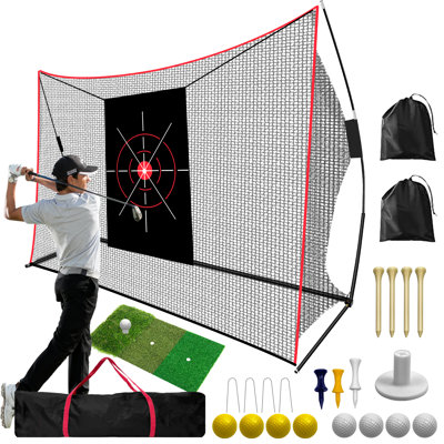 Filet de golf 10 x 7 pi robuste, ensemble complet tout-en-1 avec tapis, 8 balles, tés et sac