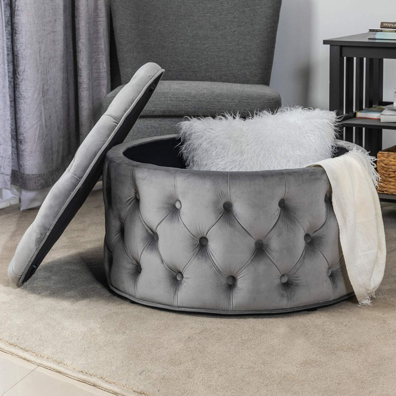 Amram Tufted Round Storage Ottoman, Grey Velvet