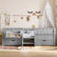 Lit simple pour enfants avec tablettes intégrées, tiroirs de rangement, escalier de sécurité et rails, bois de pin, gris-947912941-947912943